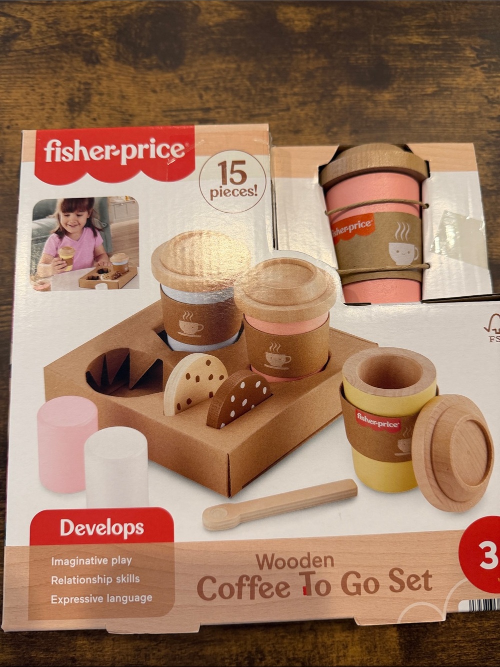Fisher-Price Wooden Coffee To Go Set - Pink, Brown & Yellow